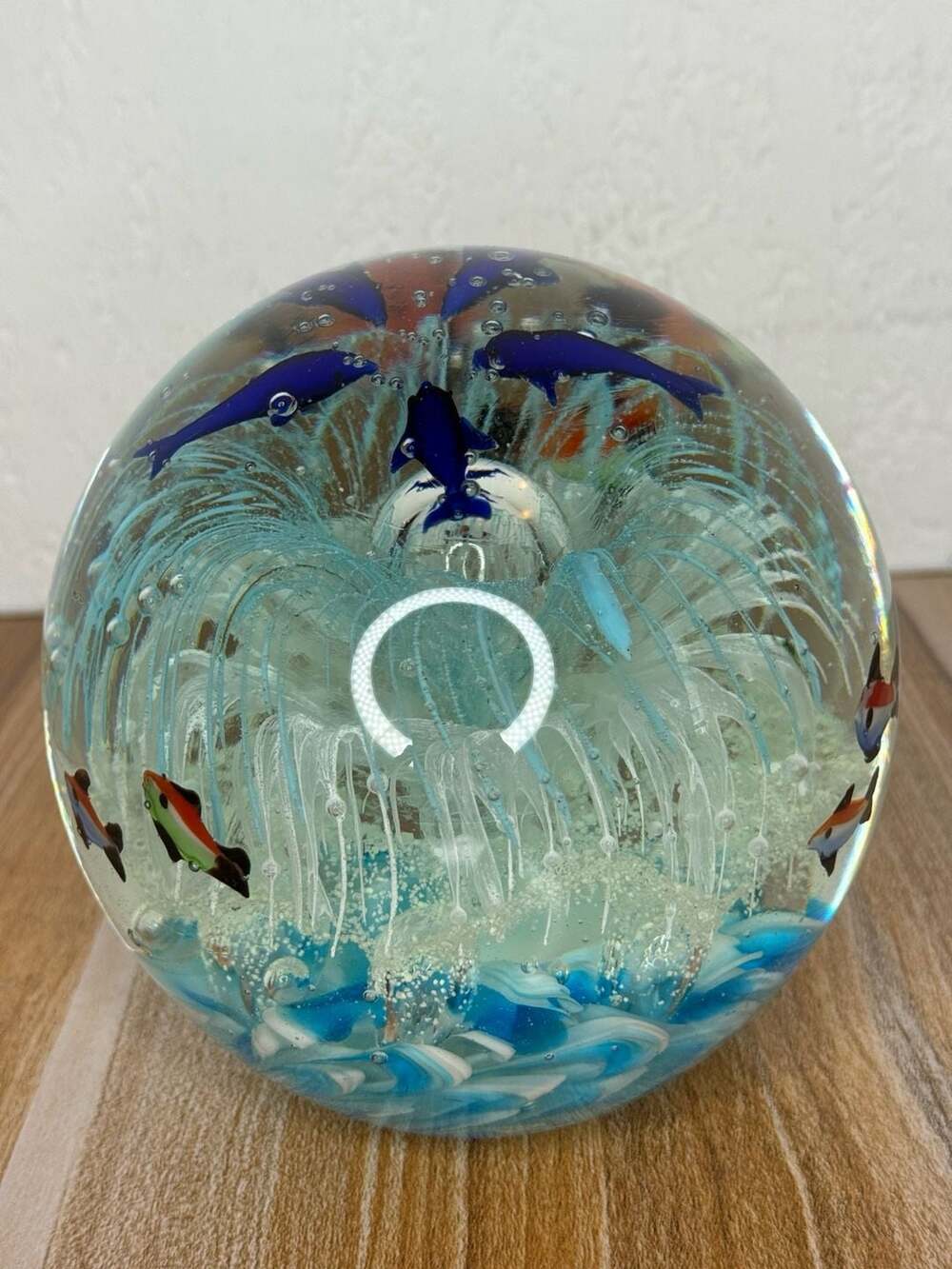 Large 5 “ Art Glass Ocean Scene Paperweight with Fish and Dolphins